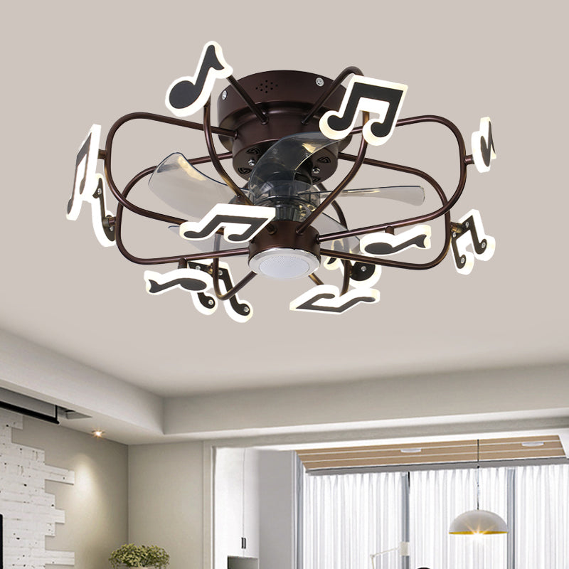 Kids 8 Bulbs 5 Blades Ceiling Fan Light Coffee Music Note/Grey Loving Heart/White Star Semi Flush Mount Lighting with Iron Cage, 23.5" Wide Coffee Clearhalo 'Ceiling Fans with Lights' 'Ceiling Fans' 'Kids Ceiling Fans' 'Kids' Lighting' 814421