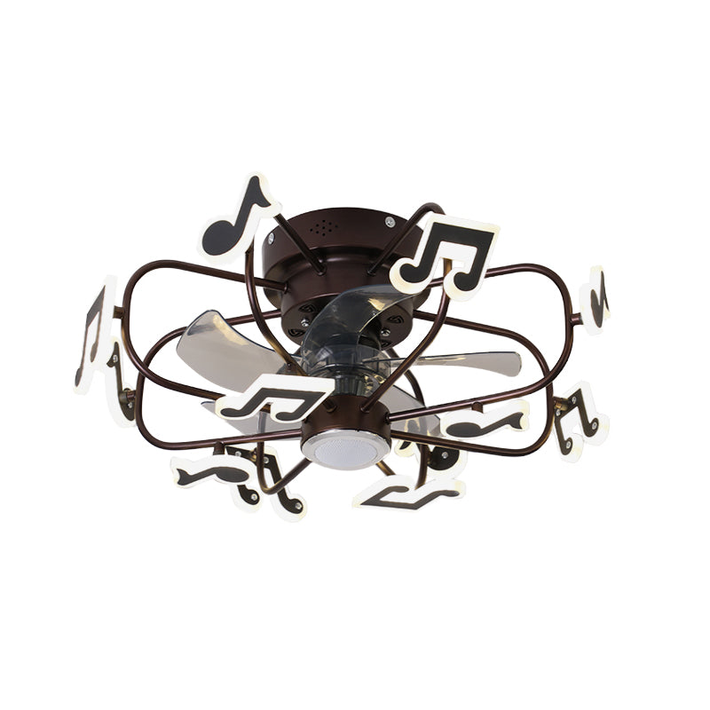 Kids 8 Bulbs 5 Blades Ceiling Fan Light Coffee Music Note/Grey Loving Heart/White Star Semi Flush Mount Lighting with Iron Cage, 23.5" Wide Clearhalo 'Ceiling Fans with Lights' 'Ceiling Fans' 'Kids Ceiling Fans' 'Kids' Lighting' 814423