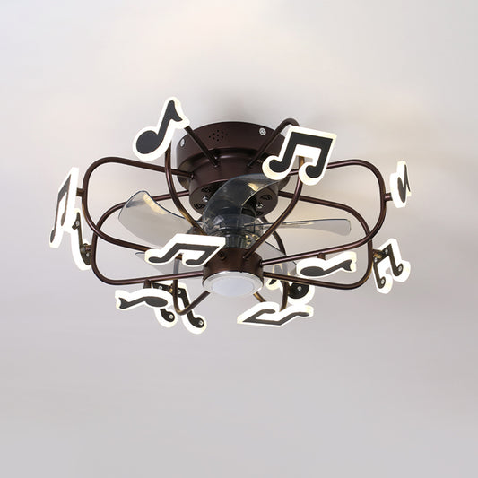 Kids 8 Bulbs 5 Blades Ceiling Fan Light Coffee Music Note/Grey Loving Heart/White Star Semi Flush Mount Lighting with Iron Cage, 23.5" Wide Clearhalo 'Ceiling Fans with Lights' 'Ceiling Fans' 'Kids Ceiling Fans' 'Kids' Lighting' 814424