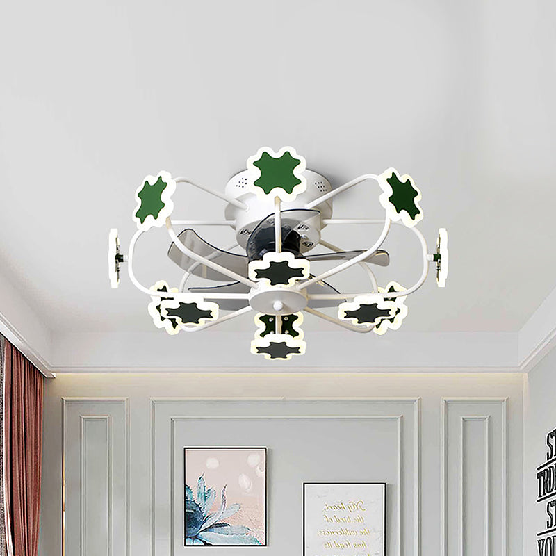 Flower Cage LED Semi Flush Ceiling Fan Macaron Iron 5-Blade 23.5" W Bedroom Semi Flush Mount Light with Cross Decor in Grey/White/Coffee White Clearhalo 'Ceiling Fans with Lights' 'Ceiling Fans' 'Kids Ceiling Fans' 'Kids' Lighting' 814425