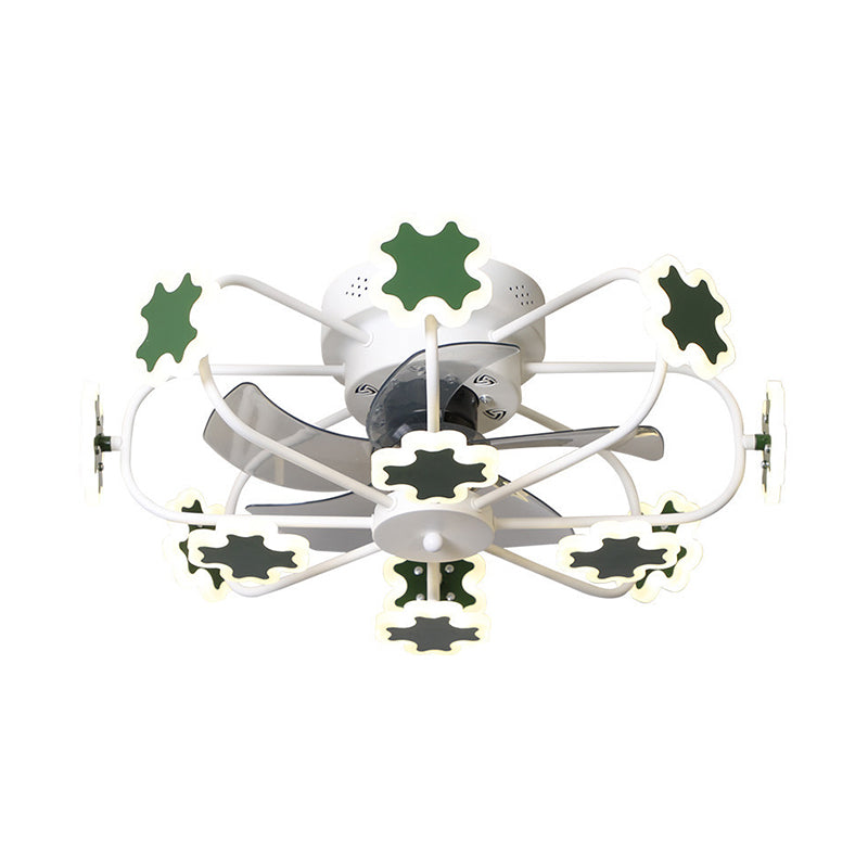 Flower Cage LED Semi Flush Ceiling Fan Macaron Iron 5-Blade 23.5" W Bedroom Semi Flush Mount Light with Cross Decor in Grey/White/Coffee Clearhalo 'Ceiling Fans with Lights' 'Ceiling Fans' 'Kids Ceiling Fans' 'Kids' Lighting' 814426