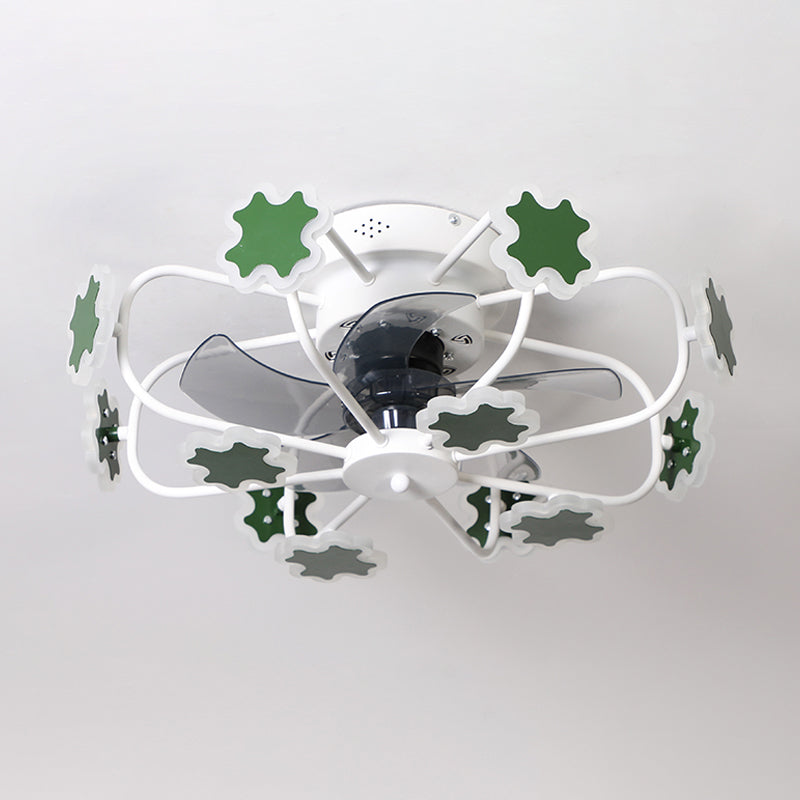 Flower Cage LED Semi Flush Ceiling Fan Macaron Iron 5-Blade 23.5" W Bedroom Semi Flush Mount Light with Cross Decor in Grey/White/Coffee Clearhalo 'Ceiling Fans with Lights' 'Ceiling Fans' 'Kids Ceiling Fans' 'Kids' Lighting' 814427