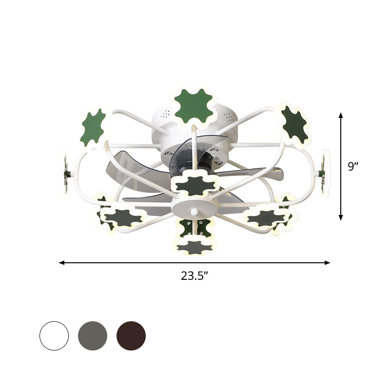 Flower Cage LED Semi Flush Ceiling Fan Macaron Iron 5-Blade 23.5" W Bedroom Semi Flush Mount Light with Cross Decor in Grey/White/Coffee Clearhalo 'Ceiling Fans with Lights' 'Ceiling Fans' 'Kids Ceiling Fans' 'Kids' Lighting' 814428