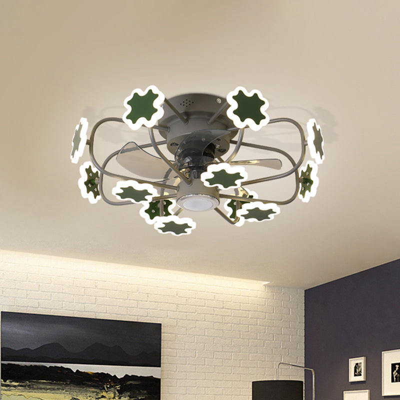 Flower Cage LED Semi Flush Ceiling Fan Macaron Iron 5-Blade 23.5" W Bedroom Semi Flush Mount Light with Cross Decor in Grey/White/Coffee Grey Clearhalo 'Ceiling Fans with Lights' 'Ceiling Fans' 'Kids Ceiling Fans' 'Kids' Lighting' 814429