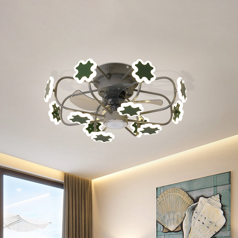 Flower Cage LED Semi Flush Ceiling Fan Macaron Iron 5-Blade 23.5" W Bedroom Semi Flush Mount Light with Cross Decor in Grey/White/Coffee Clearhalo 'Ceiling Fans with Lights' 'Ceiling Fans' 'Kids Ceiling Fans' 'Kids' Lighting' 814430