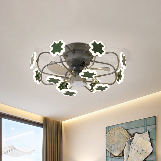 Flower Cage LED Semi Flush Ceiling Fan Macaron Iron 5-Blade 23.5" W Bedroom Semi Flush Mount Light with Cross Decor in Grey/White/Coffee Clearhalo 'Ceiling Fans with Lights' 'Ceiling Fans' 'Kids Ceiling Fans' 'Kids' Lighting' 814430