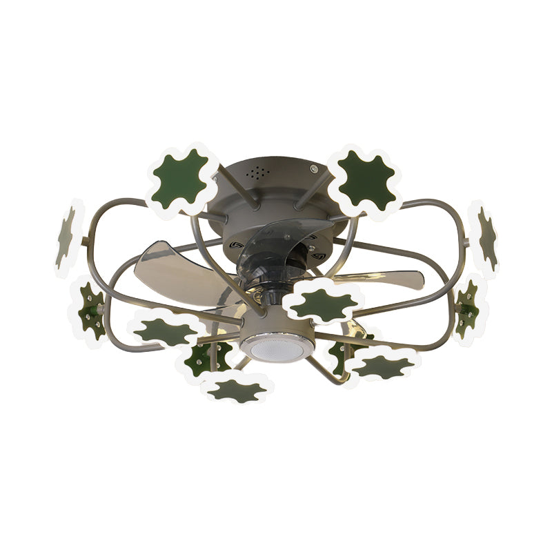 Flower Cage LED Semi Flush Ceiling Fan Macaron Iron 5-Blade 23.5" W Bedroom Semi Flush Mount Light with Cross Decor in Grey/White/Coffee Clearhalo 'Ceiling Fans with Lights' 'Ceiling Fans' 'Kids Ceiling Fans' 'Kids' Lighting' 814431