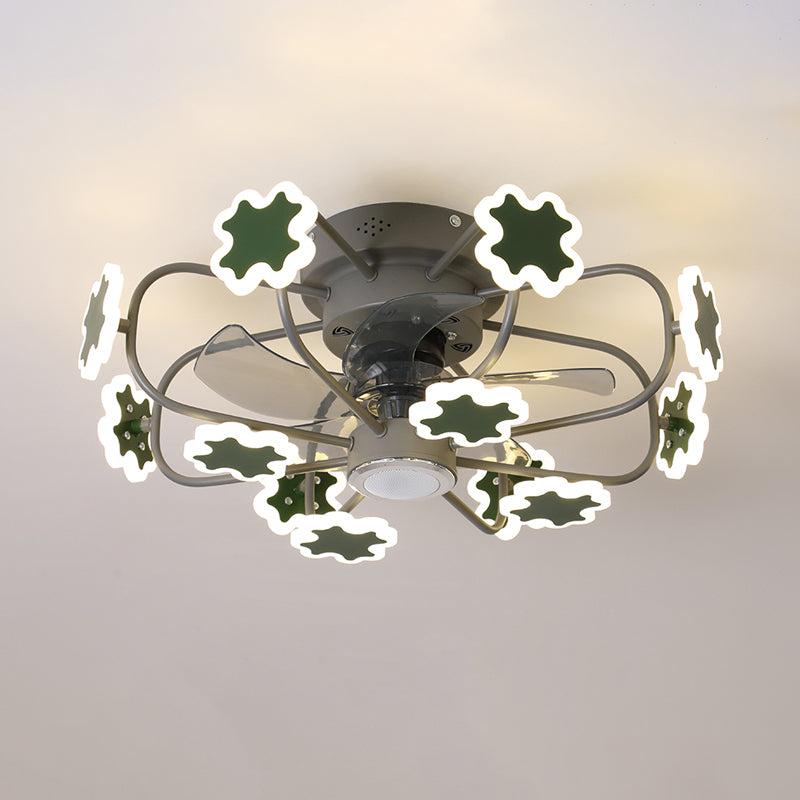 Flower Cage LED Semi Flush Ceiling Fan Macaron Iron 5-Blade 23.5" W Bedroom Semi Flush Mount Light with Cross Decor in Grey/White/Coffee Clearhalo 'Ceiling Fans with Lights' 'Ceiling Fans' 'Kids Ceiling Fans' 'Kids' Lighting' 814432