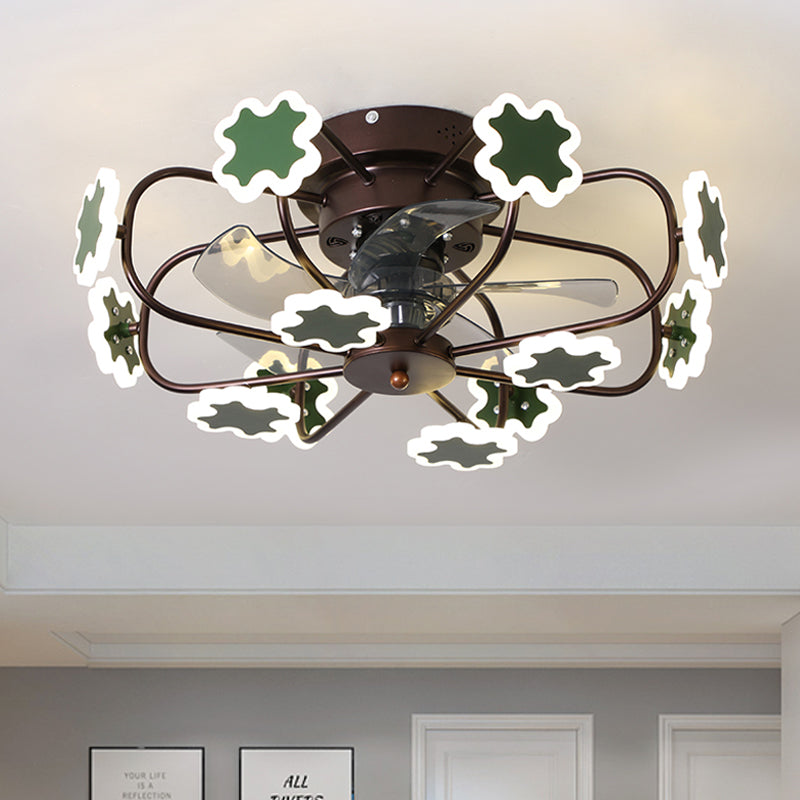 Flower Cage LED Semi Flush Ceiling Fan Macaron Iron 5-Blade 23.5" W Bedroom Semi Flush Mount Light with Cross Decor in Grey/White/Coffee Coffee Clearhalo 'Ceiling Fans with Lights' 'Ceiling Fans' 'Kids Ceiling Fans' 'Kids' Lighting' 814433