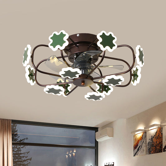 Flower Cage LED Semi Flush Ceiling Fan Macaron Iron 5-Blade 23.5" W Bedroom Semi Flush Mount Light with Cross Decor in Grey/White/Coffee Clearhalo 'Ceiling Fans with Lights' 'Ceiling Fans' 'Kids Ceiling Fans' 'Kids' Lighting' 814434