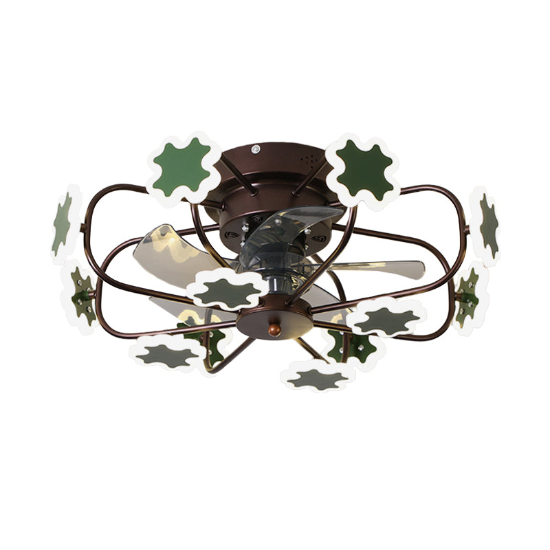 Flower Cage LED Semi Flush Ceiling Fan Macaron Iron 5-Blade 23.5" W Bedroom Semi Flush Mount Light with Cross Decor in Grey/White/Coffee Clearhalo 'Ceiling Fans with Lights' 'Ceiling Fans' 'Kids Ceiling Fans' 'Kids' Lighting' 814435