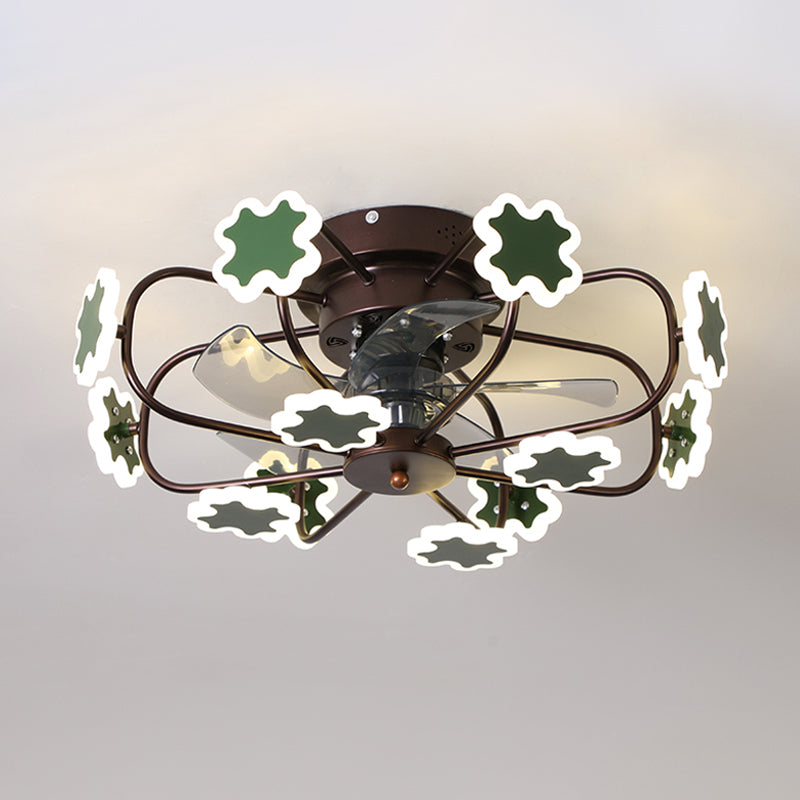 Flower Cage LED Semi Flush Ceiling Fan Macaron Iron 5-Blade 23.5" W Bedroom Semi Flush Mount Light with Cross Decor in Grey/White/Coffee Clearhalo 'Ceiling Fans with Lights' 'Ceiling Fans' 'Kids Ceiling Fans' 'Kids' Lighting' 814436