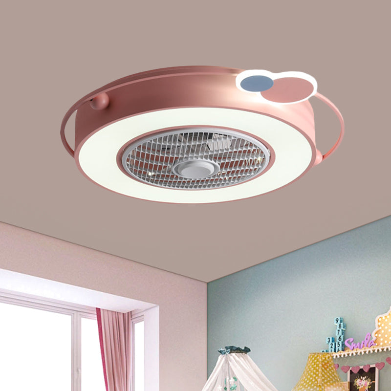 Blue/Pink Box LED Ceiling Fan Kids Acrylic Bladeless Semi Flush Mount Light Fixture with Round/Loving Heart/Cloud Ornament, 23.5" Width Pink Round Clearhalo 'Ceiling Fans with Lights' 'Ceiling Fans' 'Kids Ceiling Fans' 'Kids' Lighting' 814445