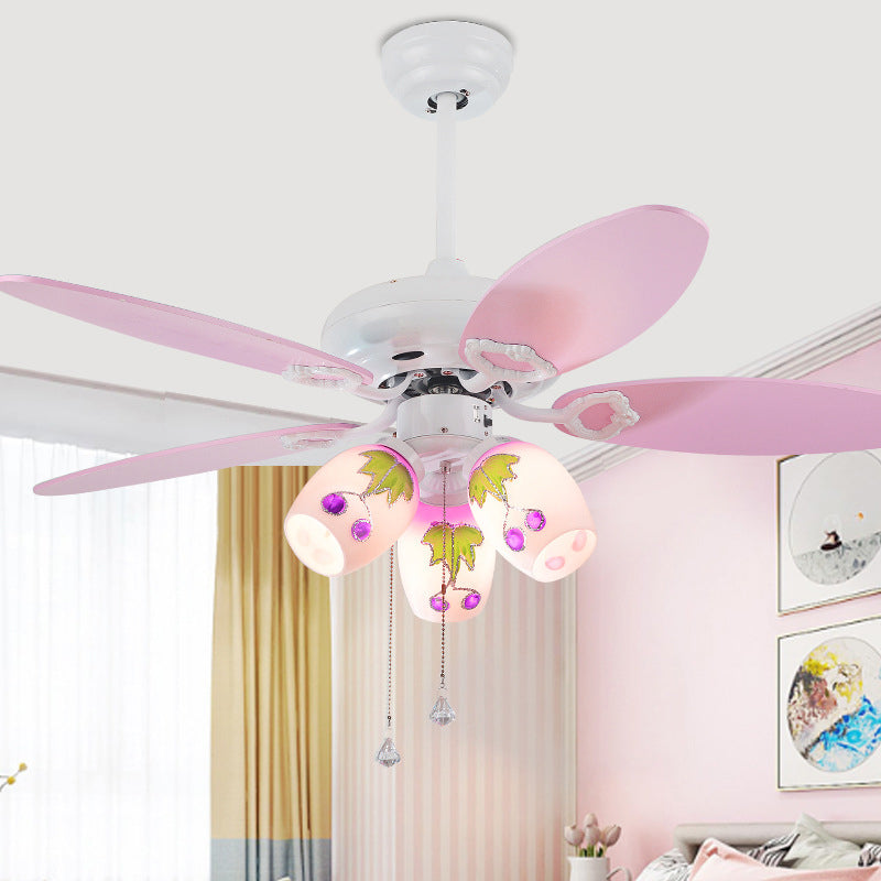 Painted Glass Bell Pull-Chain Ceiling Fan Kid 3-Light 42 Inch Wide Pink Semi Flush Mount Chandelier with 5 Blades Pink Clearhalo 'Ceiling Fans with Lights' 'Ceiling Fans' 'Kids Ceiling Fans' 'Kids' Lighting' 814465