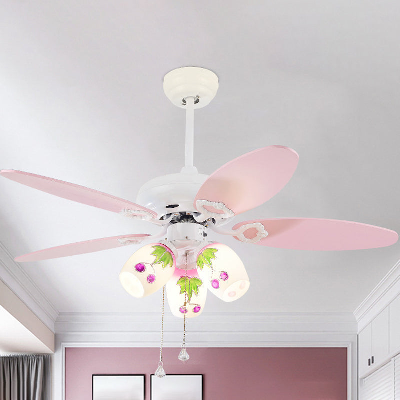 Painted Glass Bell Pull Chain Ceiling Fan Kid 3 Light 42 Inch Wide Pink Semi Flush Mount Chandelier With 5 Blades Clearhalo
