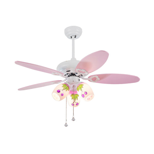 Painted Glass Bell Pull-Chain Ceiling Fan Kid 3-Light 42 Inch Wide Pink Semi Flush Mount Chandelier with 5 Blades Clearhalo 'Ceiling Fans with Lights' 'Ceiling Fans' 'Kids Ceiling Fans' 'Kids' Lighting' 814467