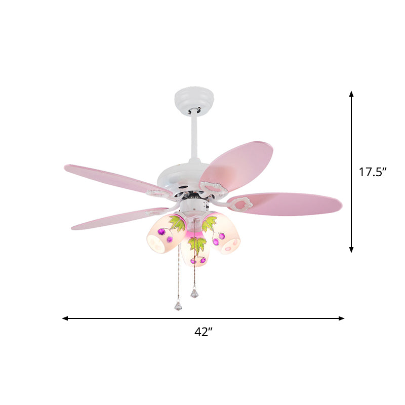 Painted Glass Bell Pull-Chain Ceiling Fan Kid 3-Light 42 Inch Wide Pink Semi Flush Mount Chandelier with 5 Blades Clearhalo 'Ceiling Fans with Lights' 'Ceiling Fans' 'Kids Ceiling Fans' 'Kids' Lighting' 814468
