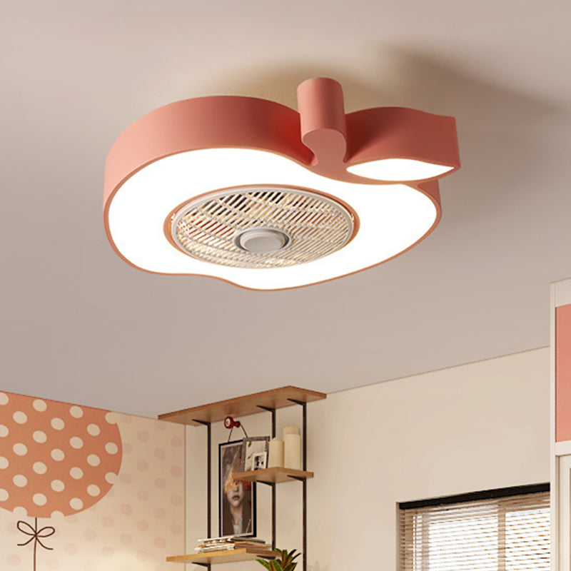 Apple Baby Room Ceiling Fan Lighting Acrylic Kids 21" Wide LED Semi Flush Mount Fixture with Front Grille in Pink/Black/White Pink Clearhalo 'Ceiling Fans with Lights' 'Ceiling Fans' 'Kids Ceiling Fans' 'Kids' Lighting' 814469