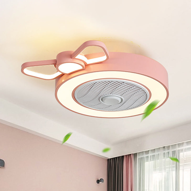 Rosette Round Box Ceiling Fan Light Cartoon Metal Girl's Bedroom LED Semi Flush Mounted Lamp in Pink, 24.5 Inch Wide Pink Clearhalo 'Ceiling Fans with Lights' 'Ceiling Fans' 'Kids Ceiling Fans' 'Kids' Lighting' 814485
