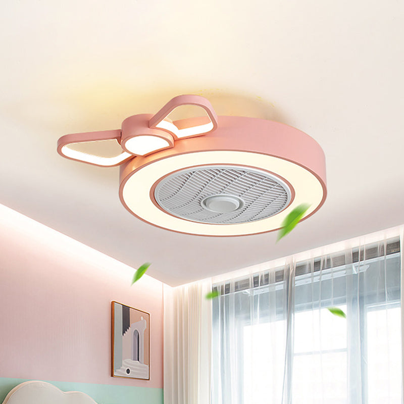 Rosette Round Box Ceiling Fan Light Cartoon Metal Girl's Bedroom LED Semi Flush Mounted Lamp in Pink, 24.5 Inch Wide Clearhalo 'Ceiling Fans with Lights' 'Ceiling Fans' 'Kids Ceiling Fans' 'Kids' Lighting' 814486