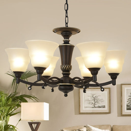 6/8 Bulbs Chandelier Lighting Bell Frosted Glass Hanging Light Fixture in Black for Living Room Clearhalo 'Ceiling Lights' 'Chandeliers' Lighting' options 814626
