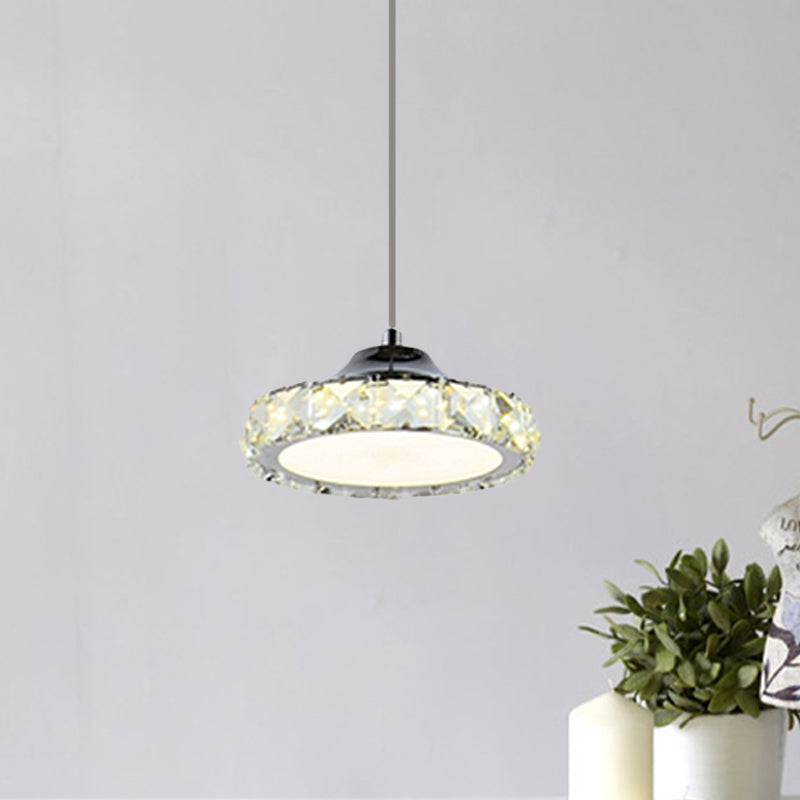 LED Faceted Crystal Ceiling Pendant Light Simplicity Chrome Circular Dining Room Suspension Lamp in Warm/White Light Chrome Clearhalo 'Ceiling Lights' 'Modern Pendants' 'Modern' 'Pendant Lights' 'Pendants' Lighting' 814639