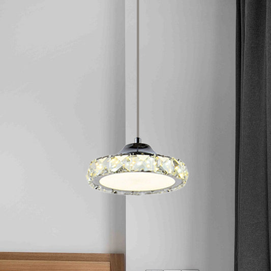 LED Faceted Crystal Ceiling Pendant Light Simplicity Chrome Circular Dining Room Suspension Lamp in Warm/White Light Clearhalo 'Ceiling Lights' 'Modern Pendants' 'Modern' 'Pendant Lights' 'Pendants' Lighting' 814640