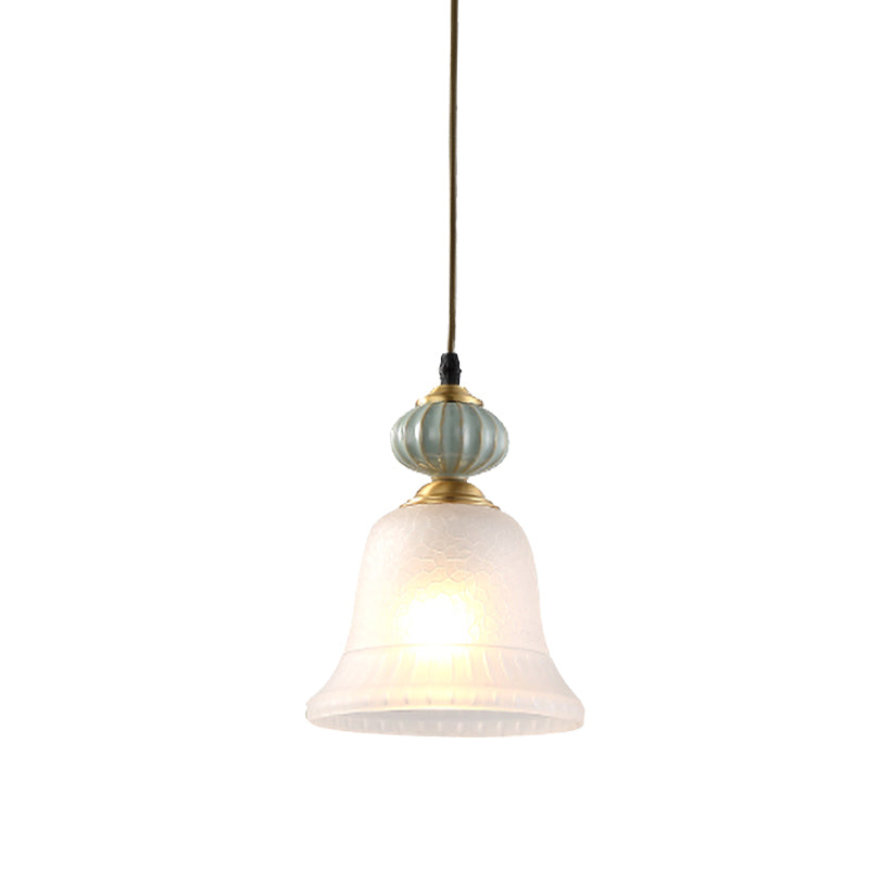 Bell White Glass Pendant Light Traditional 1 Bulb Restaurant Hanging Lamp with Ceramic Cap Clearhalo 'Ceiling Lights' 'Glass shade' 'Glass' 'Pendant Lights' 'Pendants' Lighting' 814665