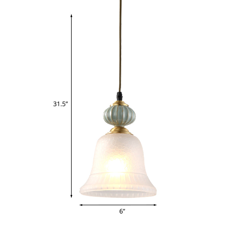 Bell White Glass Pendant Light Traditional 1 Bulb Restaurant Hanging Lamp with Ceramic Cap Clearhalo 'Ceiling Lights' 'Glass shade' 'Glass' 'Pendant Lights' 'Pendants' Lighting' 814666