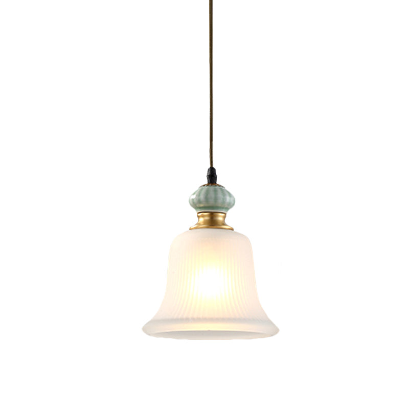 Bell White Glass Pendant Light Traditional 1 Bulb Restaurant Hanging Lamp with Ceramic Cap Clearhalo 'Ceiling Lights' 'Glass shade' 'Glass' 'Pendant Lights' 'Pendants' Lighting' 814670