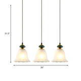 3 Heads Cluster Pendant Light Vintage Bell White Glass Hanging Lamp with Ceramic Cap for Dining Room Clearhalo 'Ceiling Lights' 'Close To Ceiling Lights' 'Glass shade' 'Glass' 'Pendant Lights' 'Pendants' Lighting' 814700