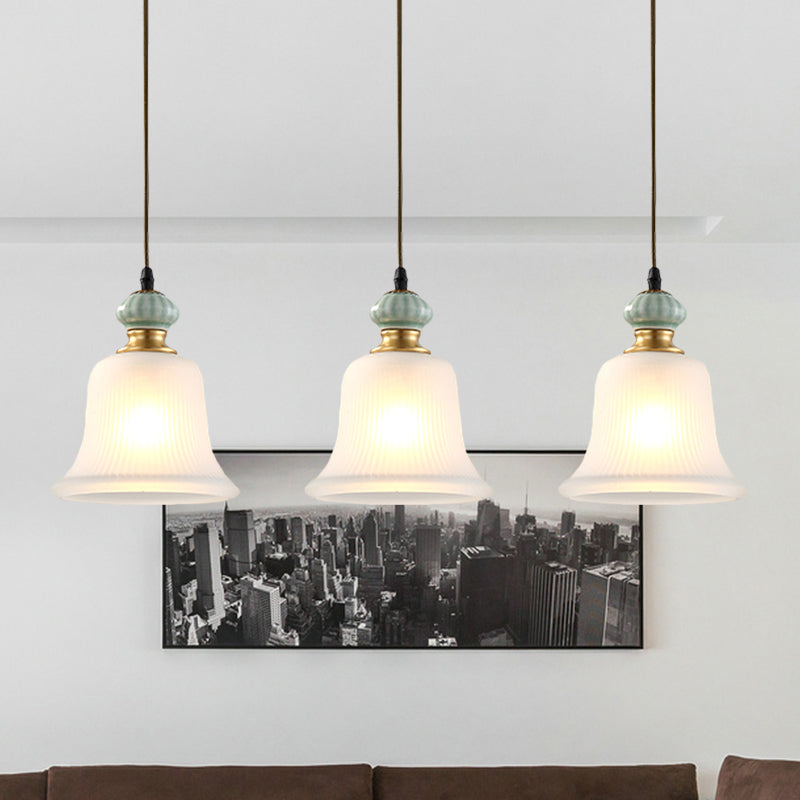 3 Heads Cluster Pendant Light Vintage Bell White Glass Hanging Lamp with Ceramic Cap for Dining Room Clearhalo 'Ceiling Lights' 'Close To Ceiling Lights' 'Glass shade' 'Glass' 'Pendant Lights' 'Pendants' Lighting' 814702