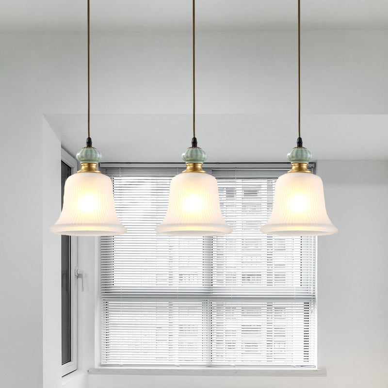 3 Heads Cluster Pendant Light Vintage Bell White Glass Hanging Lamp with Ceramic Cap for Dining Room Clearhalo 'Ceiling Lights' 'Close To Ceiling Lights' 'Glass shade' 'Glass' 'Pendant Lights' 'Pendants' Lighting' 814703