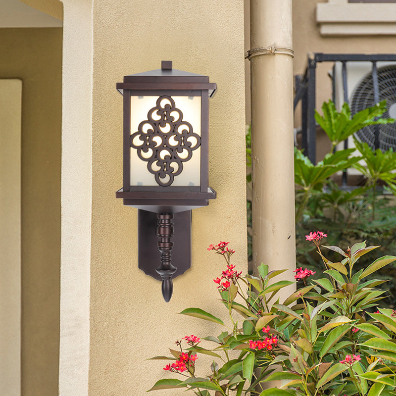 Cubic Cream Glass Wall Mount Light Fixture Cottage 1 Light Patio Wall Sconce in Coffee with Chinese Knot Pattern Clearhalo 'Wall Lamps & Sconces' 'Wall Lights' Lighting' 814872