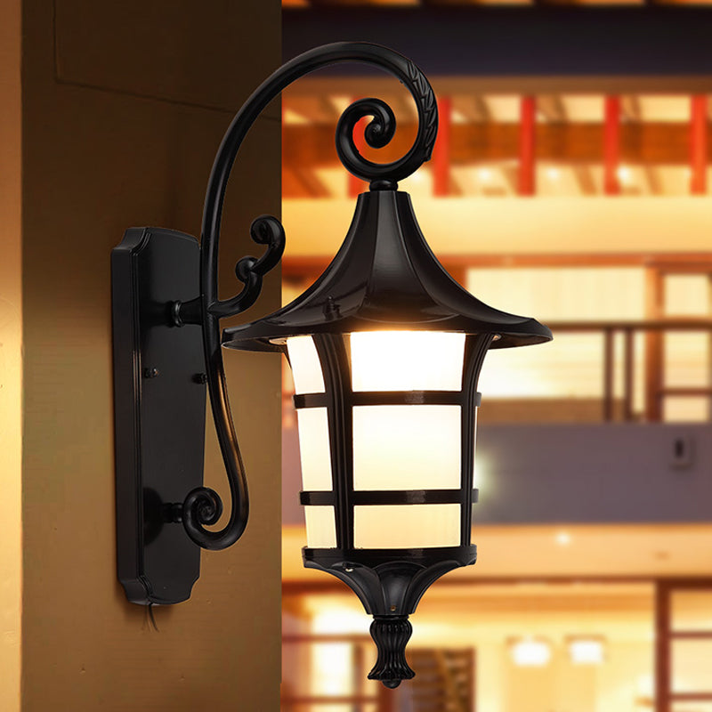 1 Bulb Wall Light Farmhouse Yard Wall Sconce Lighting with Lantern Opal Glass Shade in Black/Coffee Black Clearhalo 'Wall Lamps & Sconces' 'Wall Lights' Lighting' 814895