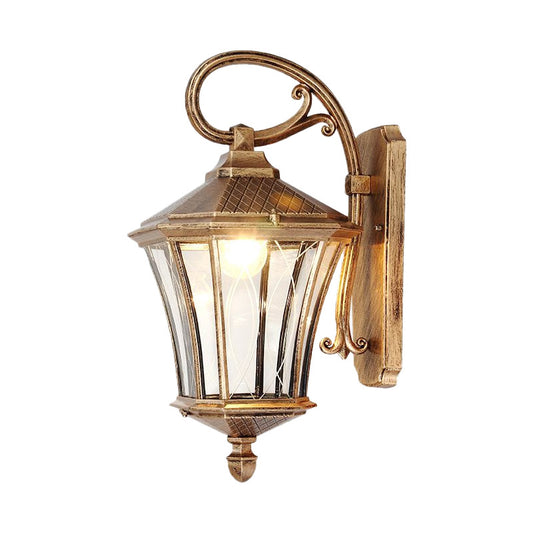1 Bulb Wall Light Sconce Classic Lantern Clear Glass Wall Mount Lamp in Bronze with Swooping Arm Clearhalo 'Wall Lamps & Sconces' 'Wall Lights' Lighting' 814948