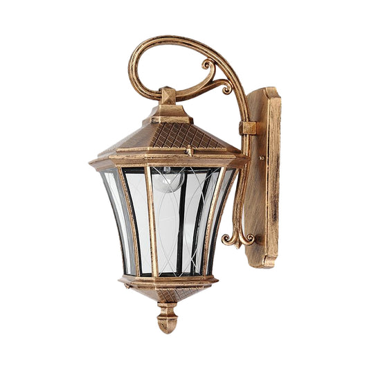 1 Bulb Wall Light Sconce Classic Lantern Clear Glass Wall Mount Lamp in Bronze with Swooping Arm Clearhalo 'Wall Lamps & Sconces' 'Wall Lights' Lighting' 814949