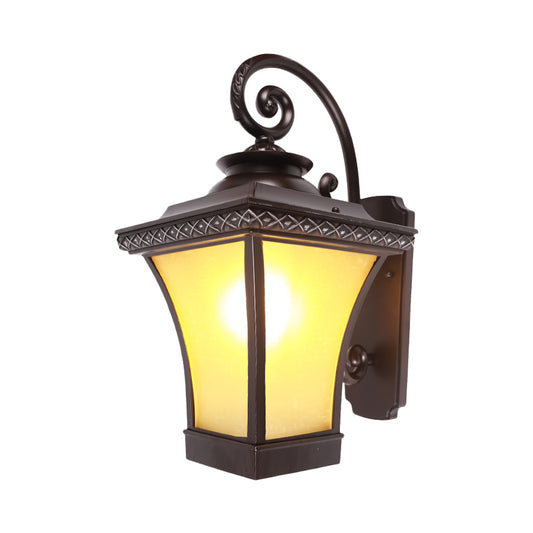 1 Bulb Wall Light Fixture Classic Patio Wall Lighting Ideas with Lantern Yellow Glass Shade in Coffee Clearhalo 'Wall Lamps & Sconces' 'Wall Lights' Lighting' 814982