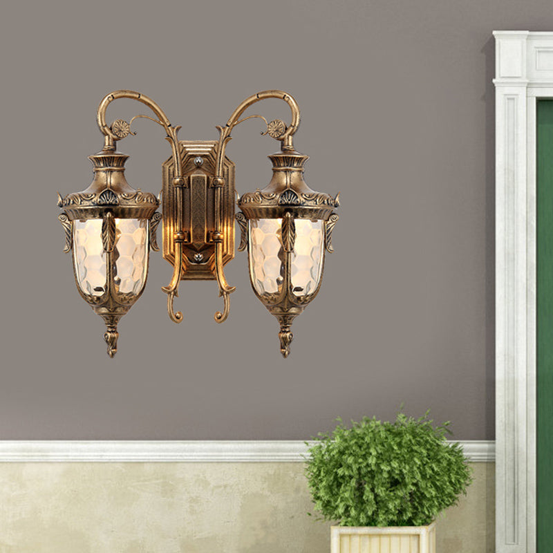 Iron Black/Bronze Wall Mounted Light Scrolled Arm 2 Lights Farmhouse Style Sconce Lamp with Clear Dimpled Glass Shade Clearhalo 'Wall Lamps & Sconces' 'Wall Lights' Lighting' 815056