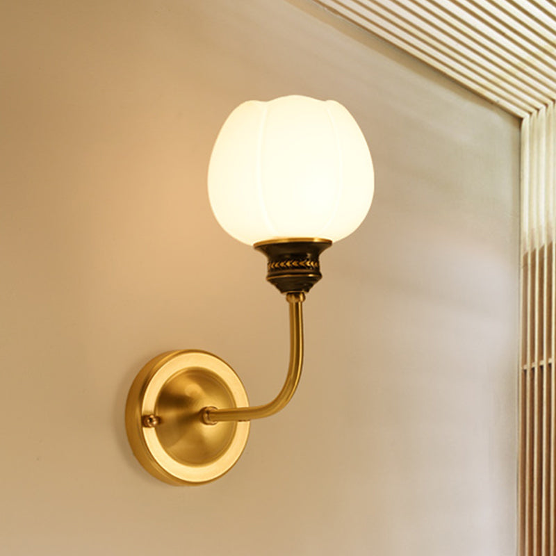 Gold 1/2-Bulb Sconce Light Fixture Antique Milky Glass Bud Wall Mounted Lamp for Living Room 1.0 Gold Clearhalo 'Wall Lamps & Sconces' 'Wall Lights' Lighting' 815082