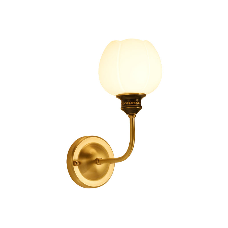 Gold 1/2-Bulb Sconce Light Fixture Antique Milky Glass Bud Wall Mounted Lamp for Living Room Clearhalo 'Wall Lamps & Sconces' 'Wall Lights' Lighting' 815084