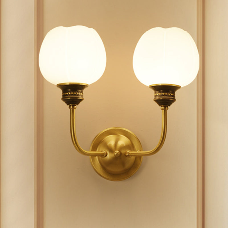 Gold 1/2-Bulb Sconce Light Fixture Antique Milky Glass Bud Wall Mounted Lamp for Living Room 2.0 Gold Clearhalo 'Wall Lamps & Sconces' 'Wall Lights' Lighting' 815086