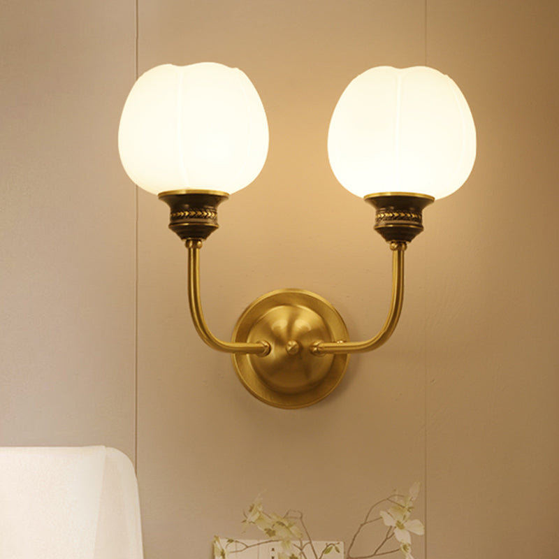 Gold 1/2-Bulb Sconce Light Fixture Antique Milky Glass Bud Wall Mounted Lamp for Living Room Clearhalo 'Wall Lamps & Sconces' 'Wall Lights' Lighting' 815087