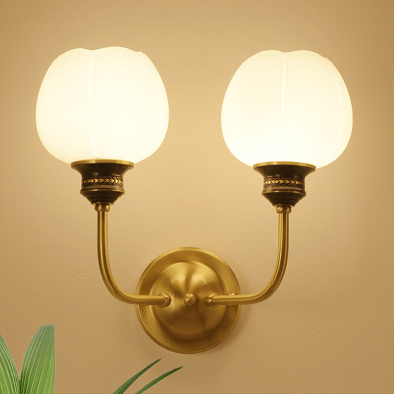 Gold 1/2-Bulb Sconce Light Fixture Antique Milky Glass Bud Wall Mounted Lamp for Living Room Clearhalo 'Wall Lamps & Sconces' 'Wall Lights' Lighting' 815088