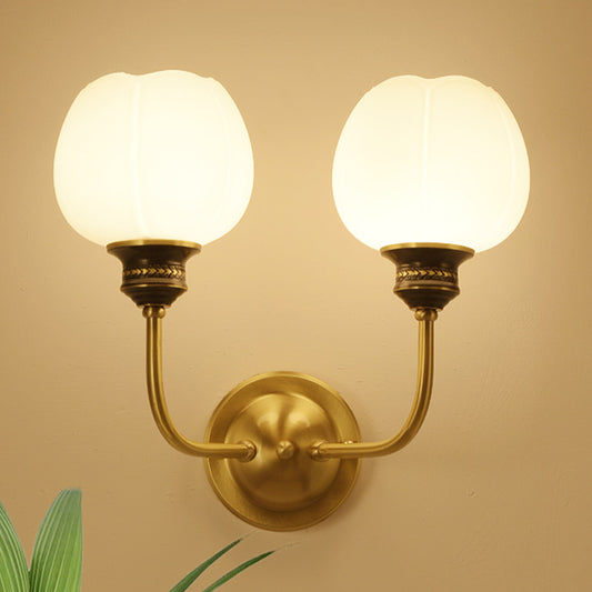 Gold 1/2-Bulb Sconce Light Fixture Antique Milky Glass Bud Wall Mounted Lamp for Living Room