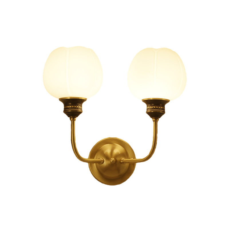 Gold 1/2-Bulb Sconce Light Fixture Antique Milky Glass Bud Wall Mounted Lamp for Living Room Clearhalo 'Wall Lamps & Sconces' 'Wall Lights' Lighting' 815089