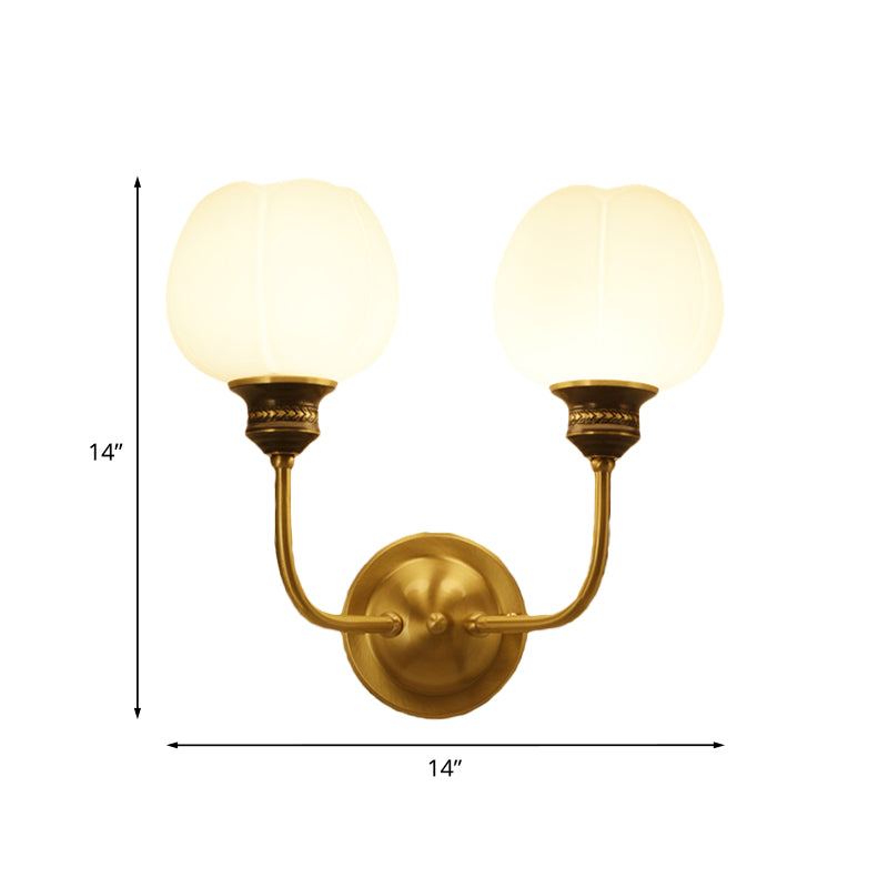 Gold 1/2-Bulb Sconce Light Fixture Antique Milky Glass Bud Wall Mounted Lamp for Living Room Clearhalo 'Wall Lamps & Sconces' 'Wall Lights' Lighting' 815090