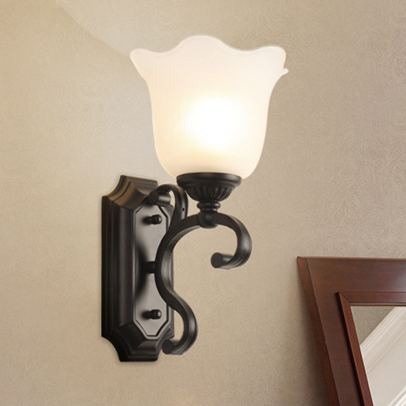 Milk Glass Floral Wall Lamp Antique 1-Bulb Living Room Wall Sconce Lighting Fixture in Black Black Clearhalo 'Wall Lamps & Sconces' 'Wall Lights' Lighting' 815108