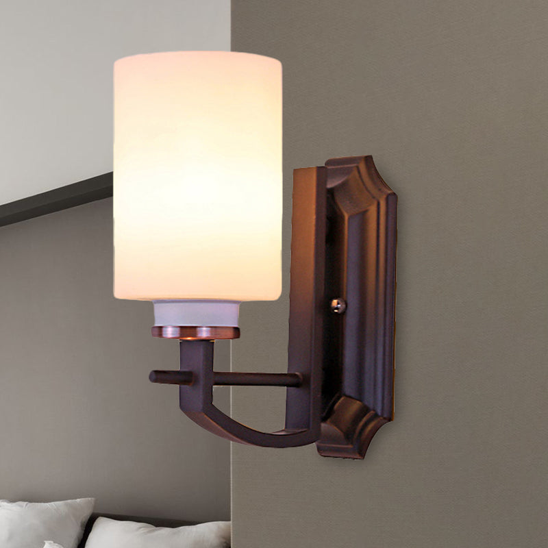 Milky Glass Cylinder Wall Sconce Antique 1/2-Head Living Room Wall Lighting Fixture in Black 1.0 Black Clearhalo 'Wall Lamps & Sconces' 'Wall Lights' Lighting' 815200