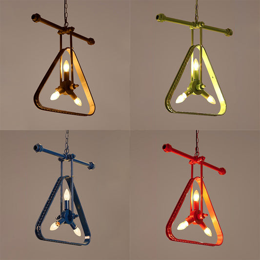 3 Heads Triangle Chandelier Lamp with Wire Frame Vintage Style Black/Red Metallic Hanging Ceiling Fixture Clearhalo 'Cast Iron' 'Ceiling Lights' 'Chandeliers' 'Industrial Chandeliers' 'Industrial' 'Metal' 'Middle Century Chandeliers' 'Rustic Chandeliers' 'Tiffany' Lighting' 81527